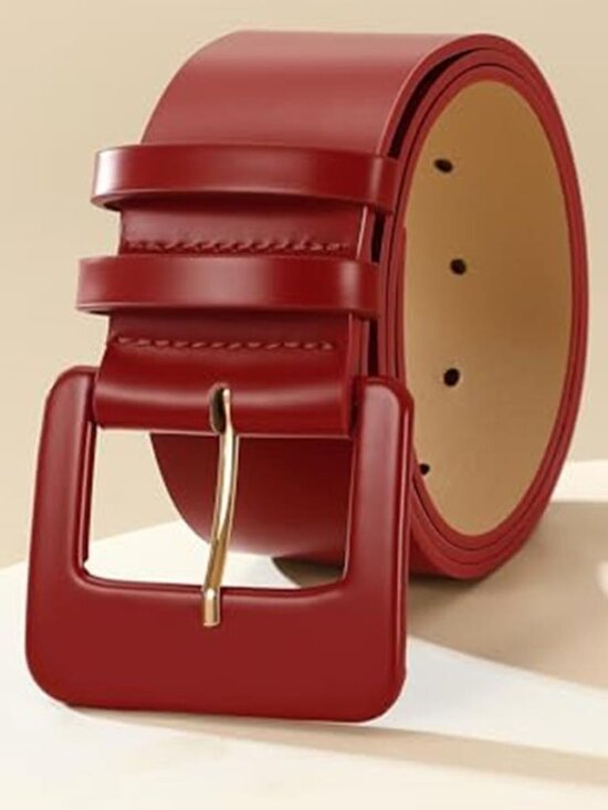 Treasures4Youbynil Accessories - Red Wide Leather Belt 2.13" Square Buckle Statement Waist Belt